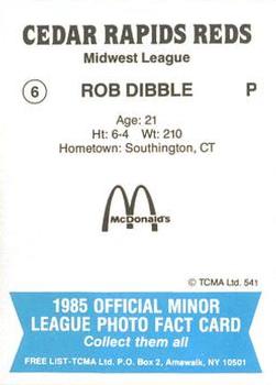 1985 TCMA Cedar Rapids Reds #6 Rob Dibble Back