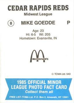 1985 TCMA Cedar Rapids Reds #8 Mike Goedde Back