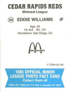 1985 TCMA Cedar Rapids Reds #20 Eddie Williams Back