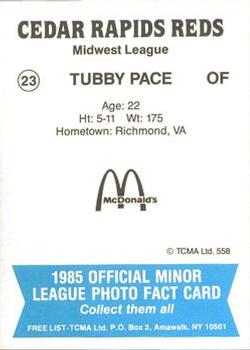 1985 TCMA Cedar Rapids Reds #23 Tubby Pace Back