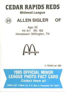 1985 TCMA Cedar Rapids Reds #25 Allen Sigler Back