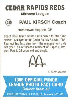 1985 TCMA Cedar Rapids Reds #26 Paul Kirsch Back