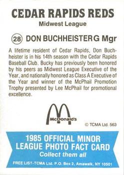 1985 TCMA Cedar Rapids Reds #28 Don Buchheister Back