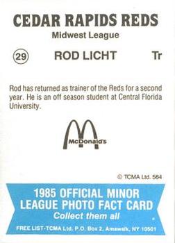 1985 TCMA Cedar Rapids Reds #29 Rod Lich Back