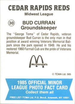 1985 TCMA Cedar Rapids Reds #30 Bud Curran Back