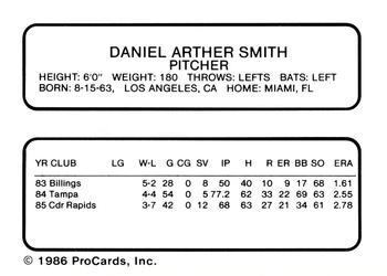 1986 ProCards Vermont Reds #NNO Danny Smith Back