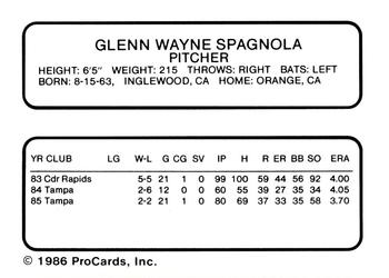 1986 ProCards Vermont Reds #NNO Glenn Spagnola Back