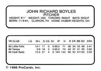 1986 ProCards Vermont Reds #NNO John Boyles Back