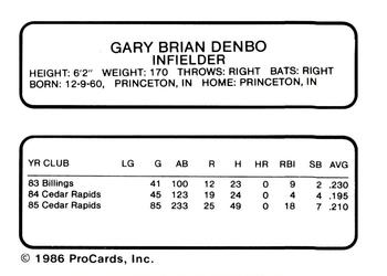 1986 ProCards Vermont Reds #NNO Gary Denbo Back