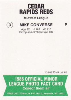 1986 TCMA Cedar Rapids Reds #3 Mike Converse Back