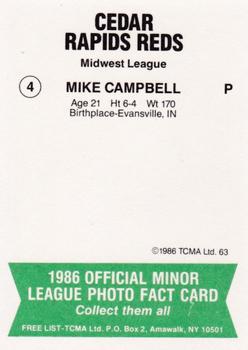 1986 TCMA Cedar Rapids Reds #4 Mike Campbell Back