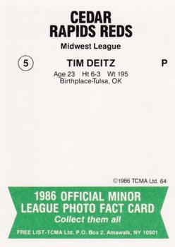 1986 TCMA Cedar Rapids Reds #5 Tim Deitz Back