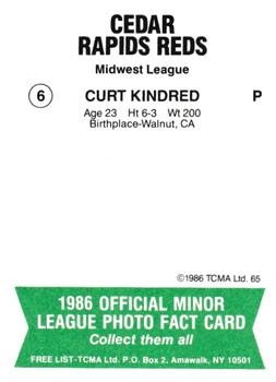 1986 TCMA Cedar Rapids Reds #6 Curt Kindred Back