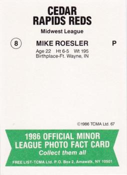 1986 TCMA Cedar Rapids Reds #8 Mike Roesler Back