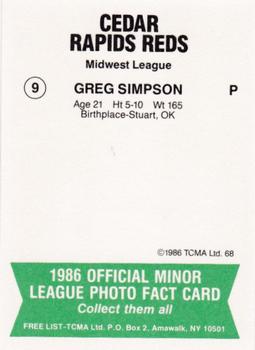 1986 TCMA Cedar Rapids Reds #9 Greg Simpson Back