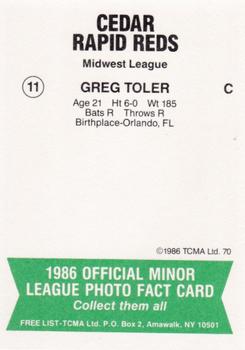 1986 TCMA Cedar Rapids Reds #11 Greg Toler Back