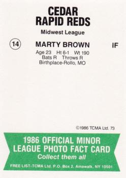 1986 TCMA Cedar Rapids Reds #14 Marty Brown Back