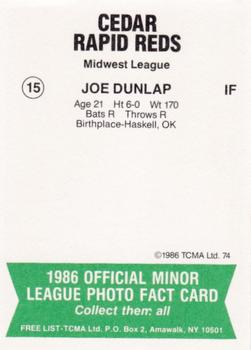 1986 TCMA Cedar Rapids Reds #15 Joe Dunlap Back