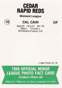 1986 TCMA Cedar Rapids Reds #19 Cal Cain Back