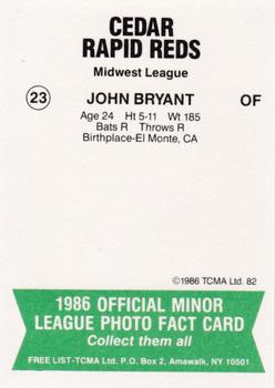 1986 TCMA Cedar Rapids Reds #23 John Bryant Back