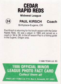 1986 TCMA Cedar Rapids Reds #24 Paul Kirsch Back