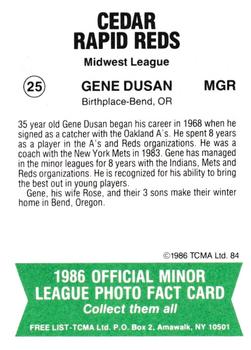 1986 TCMA Cedar Rapids Reds #25 Gene Dusan Back