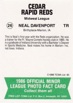1986 TCMA Cedar Rapids Reds #26 Neal Davenport Back