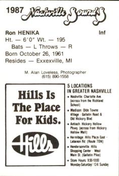 1987 Nashville Sounds #10 Ron Henika Back