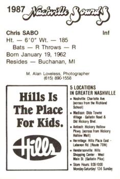 1987 Nashville Sounds #19 Chris Sabo Back