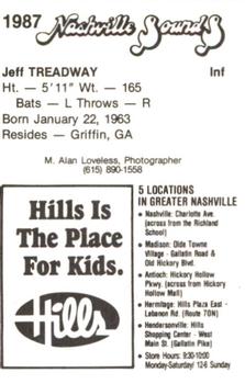 1987 Nashville Sounds #22 Jeff Treadway Back