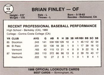 1988 Best Chattanooga Lookouts #13 Brian Finley Back