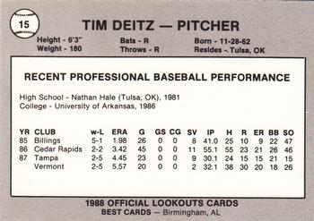 1988 Best Chattanooga Lookouts #15 Tim Deitz Back