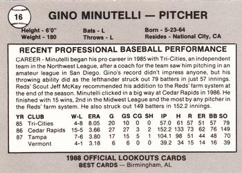 1988 Best Chattanooga Lookouts #16 Gino Minutelli Back