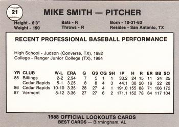 1988 Best Chattanooga Lookouts #21 Mike Smith Back