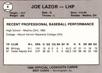 1988 Best Chattanooga Lookouts #4 Joe Lazor Back