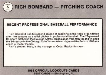 1988 Best Chattanooga Lookouts #5 Rich Bombard Back