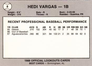 1988 Best Chattanooga Lookouts #8 Hedi Vargas Back