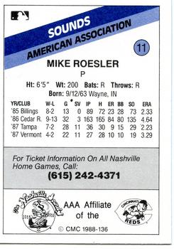 1988 CMC Nashville Sounds #11 Mike Roesler Back