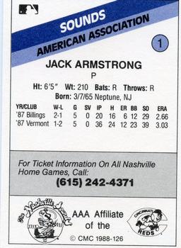 1988 CMC Nashville Sounds #1 Jack Armstrong Back