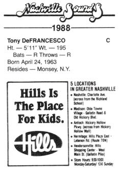 1988 Nashville Sounds #7 Tony Defrancesco Back