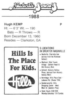 1988 Nashville Sounds #15 Hugh Kemp Back