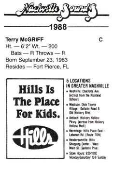 1988 Nashville Sounds #16 Terry McGriff Back