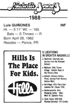 1988 Nashville Sounds #19 Luis Quinones Back