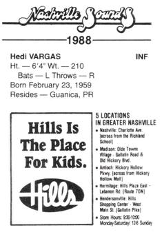 1988 Nashville Sounds #24 Hedi Vargas Back