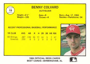 1989 Best Cedar Rapids Reds #19 Benny Colvard Back