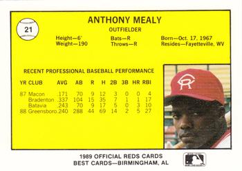 1989 Best Cedar Rapids Reds #21 Anthony Mealy Back