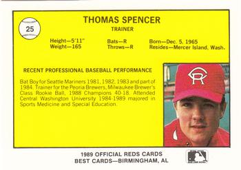 1989 Best Cedar Rapids Reds #25 Tom Spencer Back