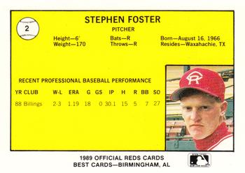 1989 Best Cedar Rapids Reds #2 Steve Foster Back