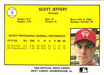 1989 Best Cedar Rapids Reds #3 Scott Jeffery Back