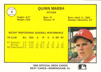 1989 Best Cedar Rapids Reds #4 Quinn Marsh Back